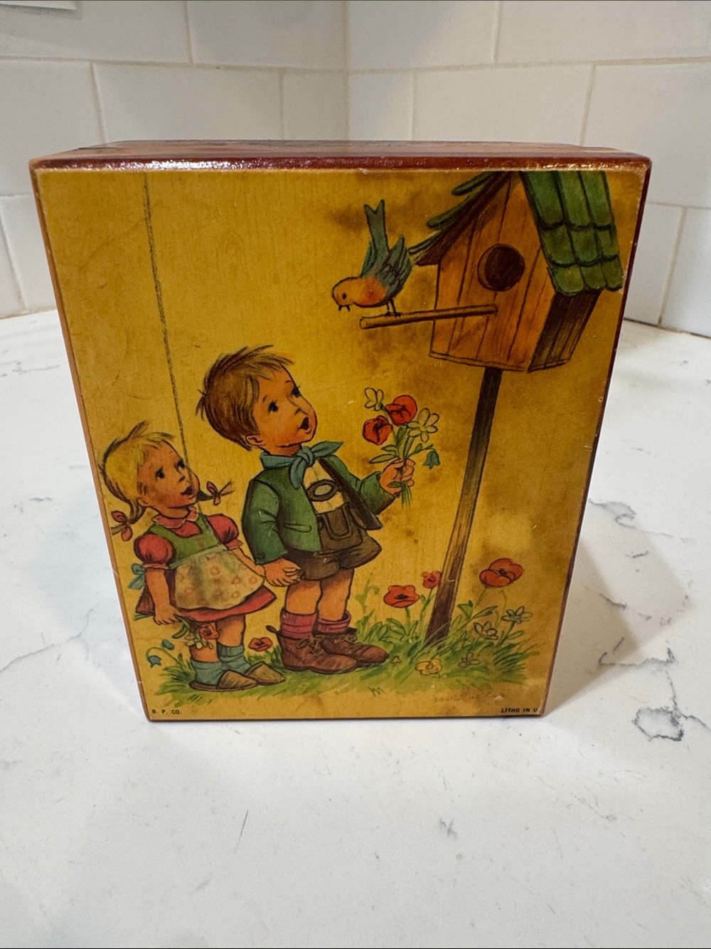 Vintage Illustrated Wooden Box with Children & Birdhouse Lake Pomme de Terre MO